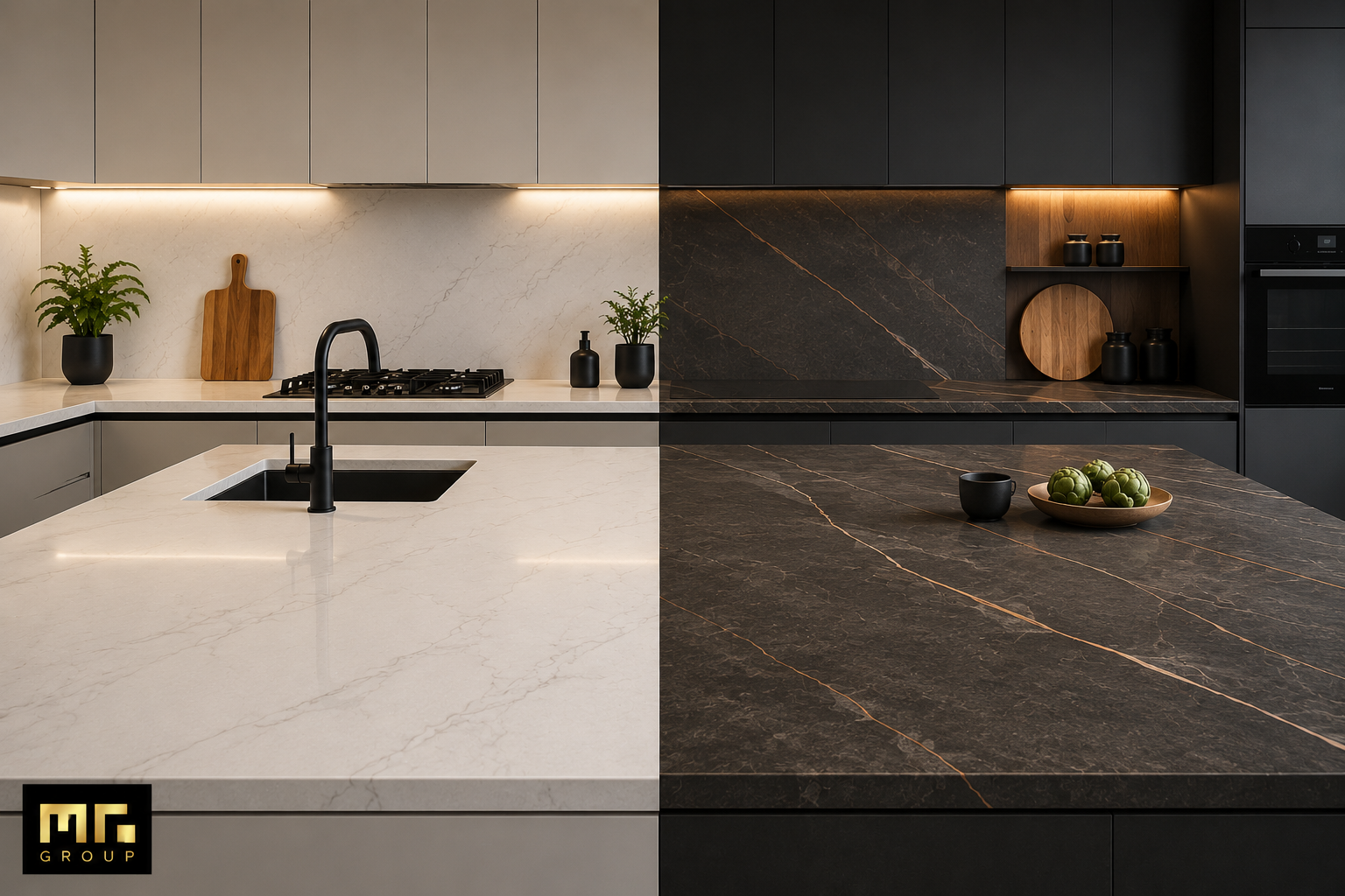 Quartz vs Sintered Stone Countertops Comparison in a Modern Kitchen